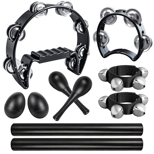 10 Pcs Black Tambourines for Adults - Half Moon Tambourine, Wood Rhythm Sticks, Bells Tambourine, Wrist Bells, Egg Shakers, a Pair Maracas, Musical Percussion Instrument Set for Church,Party