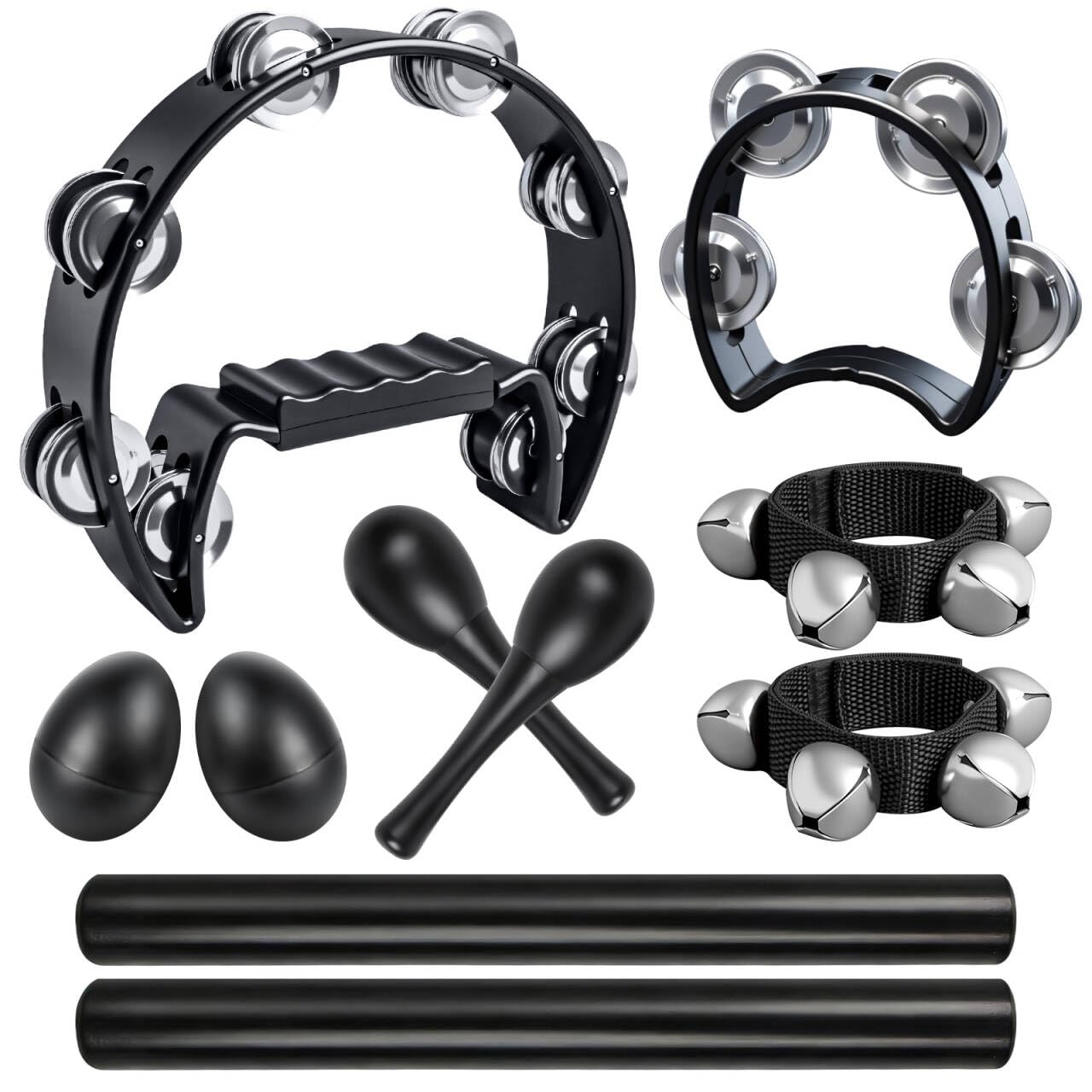 10 Pcs Black Tambourines for Adults - Half Moon Tambourine Wood Rhythm Sticks Bells Tambourine Wrist Bells Egg