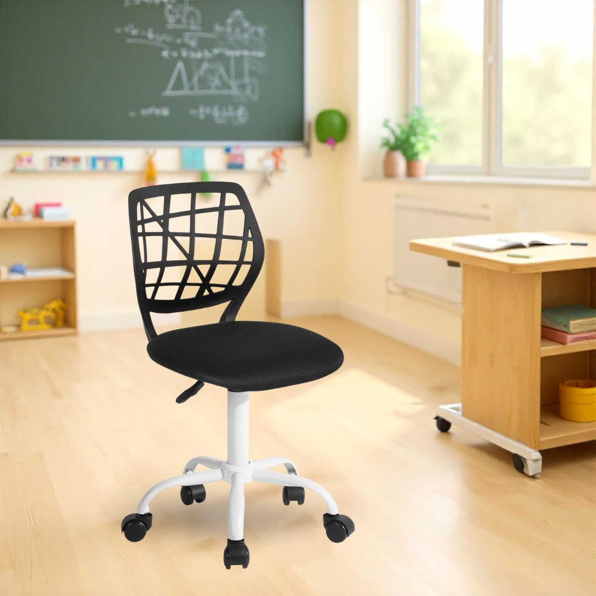 FurnitureR Kompakter Klassenstuhl, ergonomischer Sitz für Schule, Rückenlehne aus atmungsaktivem Netzgewebe in Schwarz, höhenverstellbar, Zeichenzimmerstuhl für Kinder, leicht zu bewegen 360 °