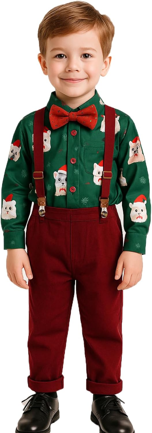 Baby Boys Christmas Outfit Toddlers Gentleman Suit Kids Xmas Clothes Shirt Suspender Pants Bow Tie for 9M-6Years - Image 2