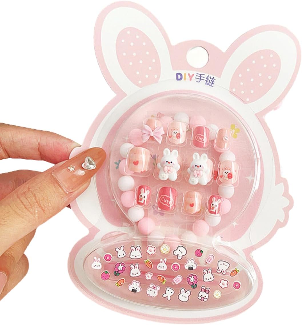 GoodluckMarket 12pcs Press on Nails for Girls - Cute Fake Nails with Relief Designs, Safe & Easy to Use, Various Sizes, Ideal Gift for Girls Ages 8-10, Includes Glue Sticks (pink11)