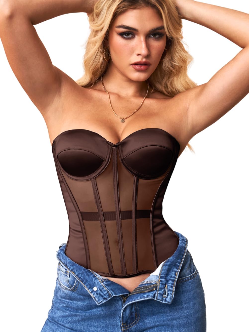 Kaei&Shi Strapless Sheer Mesh Corset,Push Up Shapewear Corsets Top For Women Lace Up Fit Size 0-16