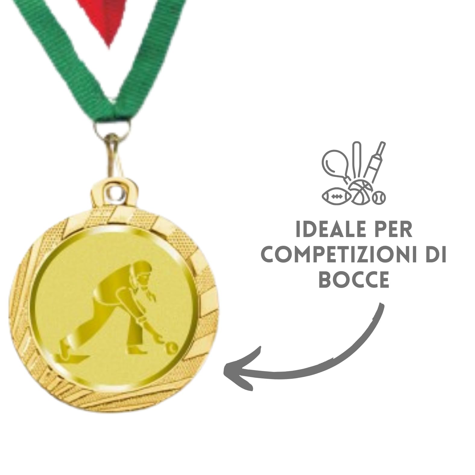 Stock Medaglie Personalizzate Premiazioni Bocce da 3,2 cm con Laccetto Medaglia Personalizzabili in Metallo con Stampa Personalizzata, Sport | 23.00.32.G