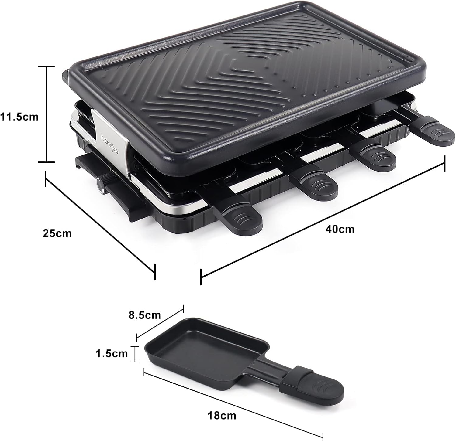 Máquina de parrilla interior para 8 personas 8 mini sartenes antiadherentes para raclette platos de queso cocina fiesta cocina cocina salud parrilla eléctrica sin humo 1 sartén para bistec 4 espátula