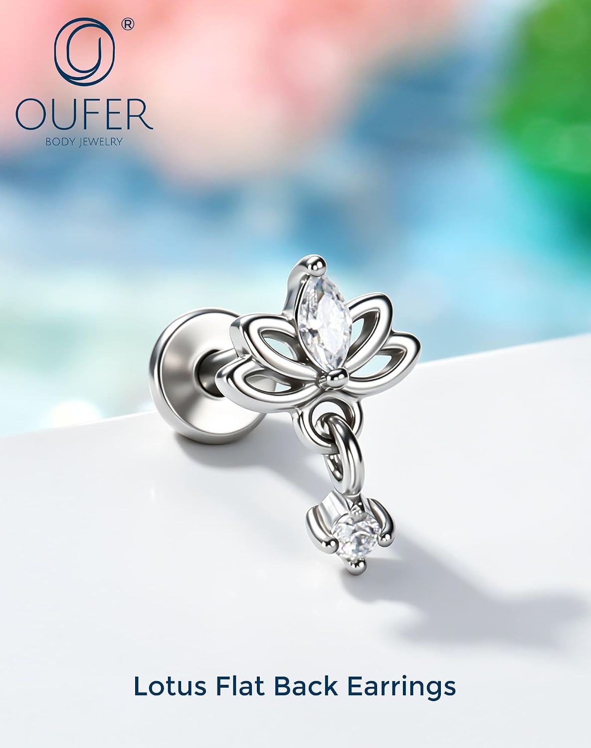 OUFER 16G Helix Piercing Jewelry 8mm Flat Back Lotus Earrings for women | Extended Internally Threaded, 316L Surgical Steel, Hypoallergenic, Daily Wear for Helix Tragus Conch & Labret Piercings