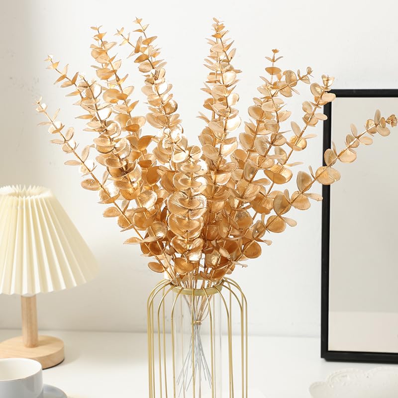 TOP-Pindu Artificial Eucalyptus Leaves, Eucalyptus Stem Plastic Artificial Plants 24 Bunches (Gold) - Image 4