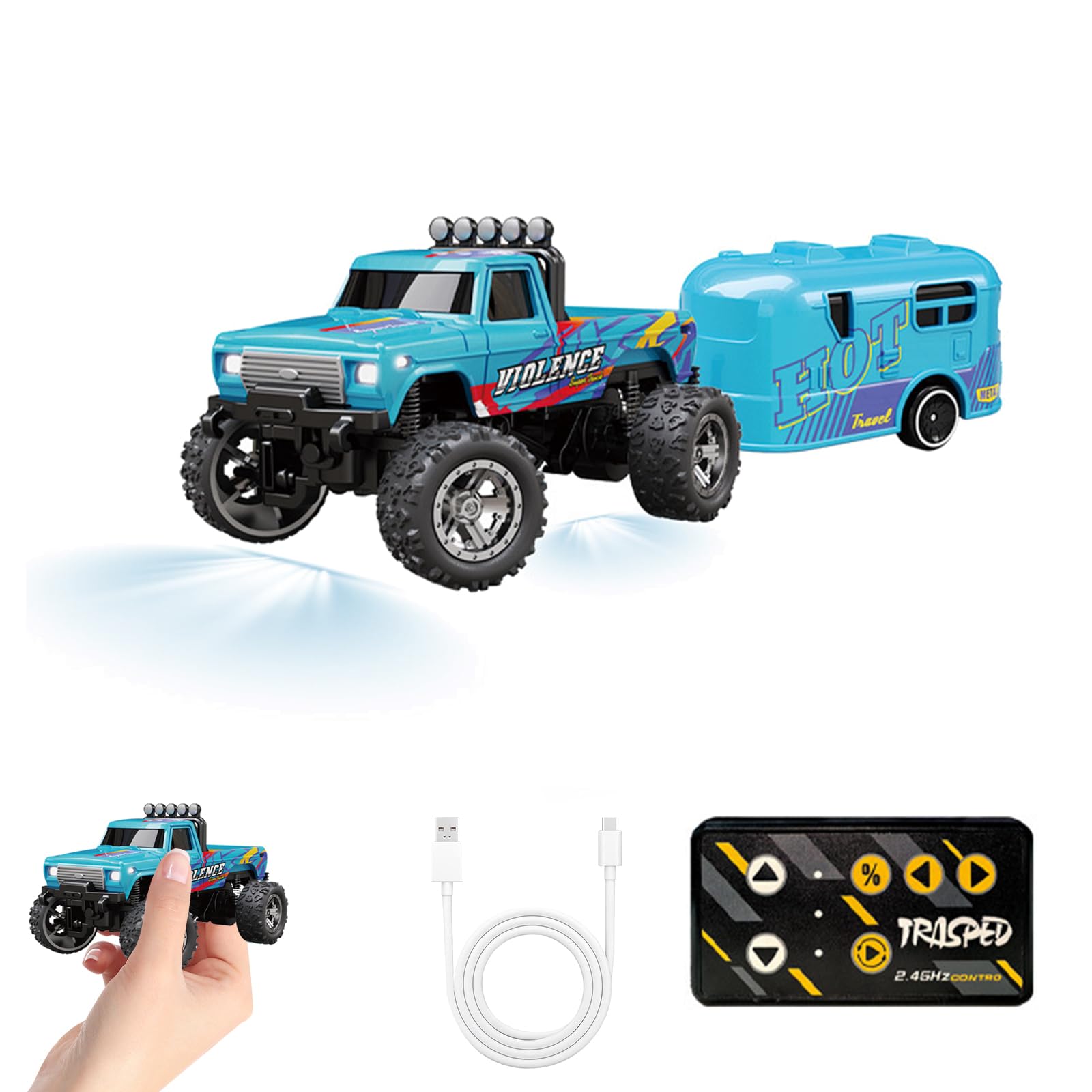 CMANLNYK Mini RC Remote Control Monster Truck Toy - 1/64 Scale Alloy Cars with Headlights, Rechargeable Monster Truck Toys, Type-C Charging 2.4GHz Micro RC Car Offroad for Adults Kids