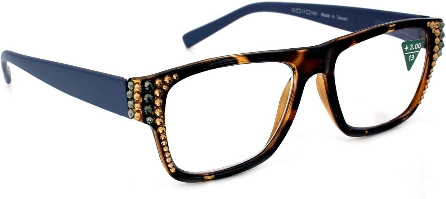 NY FIFTH AVENUE Brooklyn, Bling Square Women Reading Glasses with (L. Colorado, Hemitate) Crystal. Tortoise Brown.