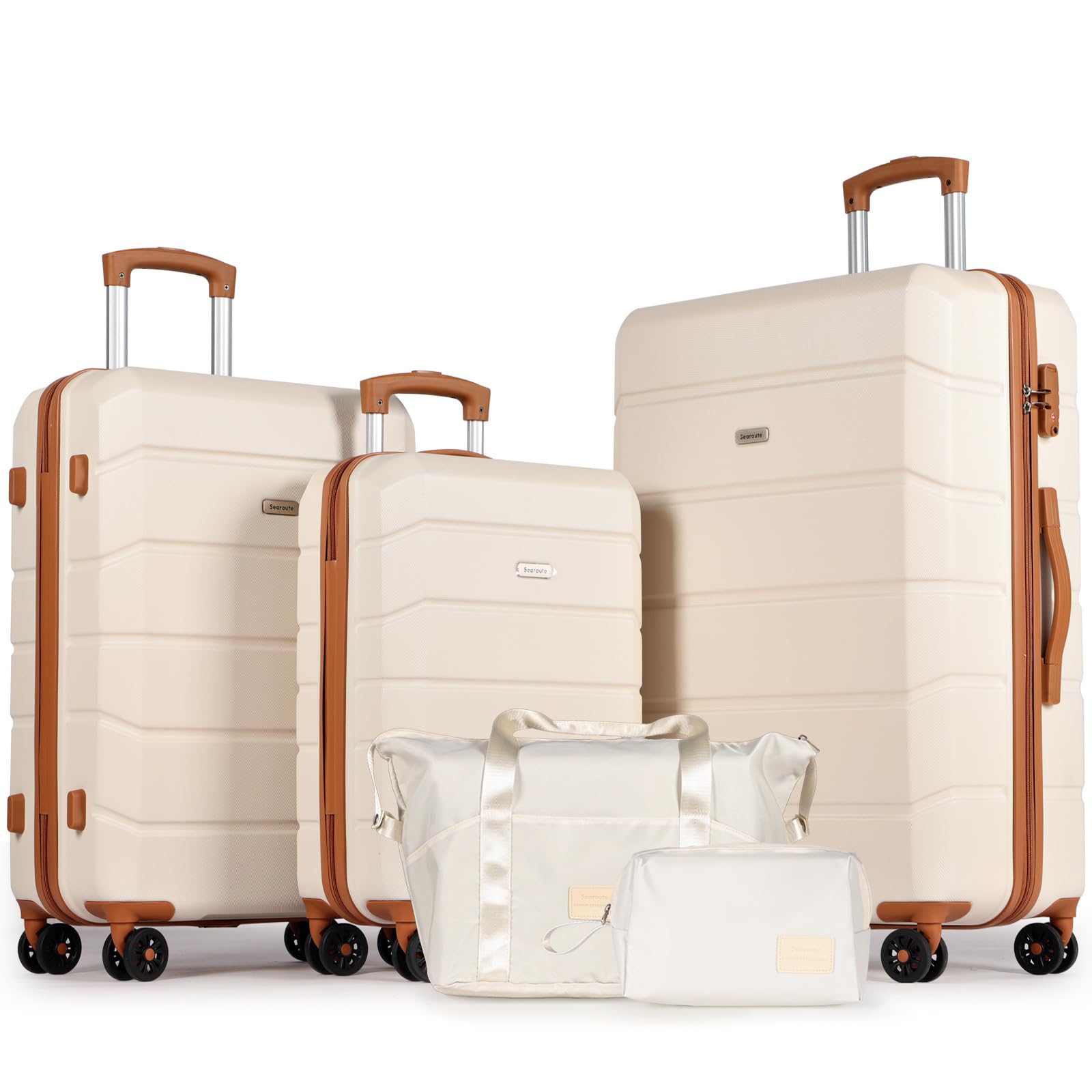 Ensemble 5 pièces valises rigides légères ABS, Roues pivotantes, Serrure TSA, incluant Sac de Voyage et Trousse de Toilette - 20"+24"+28", Blanc