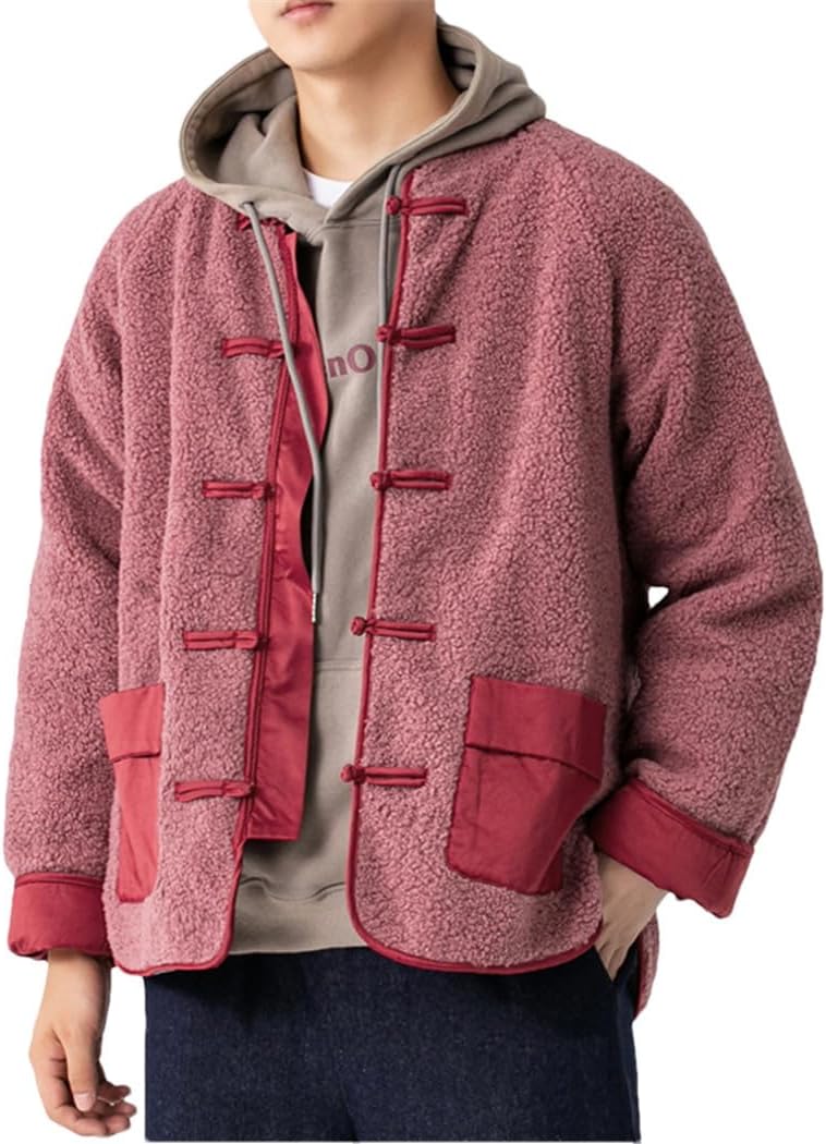 Chinese Style Contrast Color Lamb Wool Coat Winter Warmth Fleece Tang Suit Plus Size Retro Jacket Men Clothing