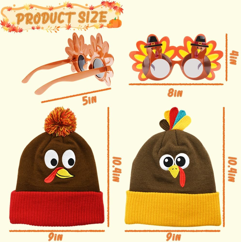 CAMIRUS 4PCS Thanksgiving Turkey Pom Pom Beanie Hat Sunglasses Set, 2 Knitted Cap 2 Turkey Eyeglasses for Thanksgiving Holiday Dress Up Party