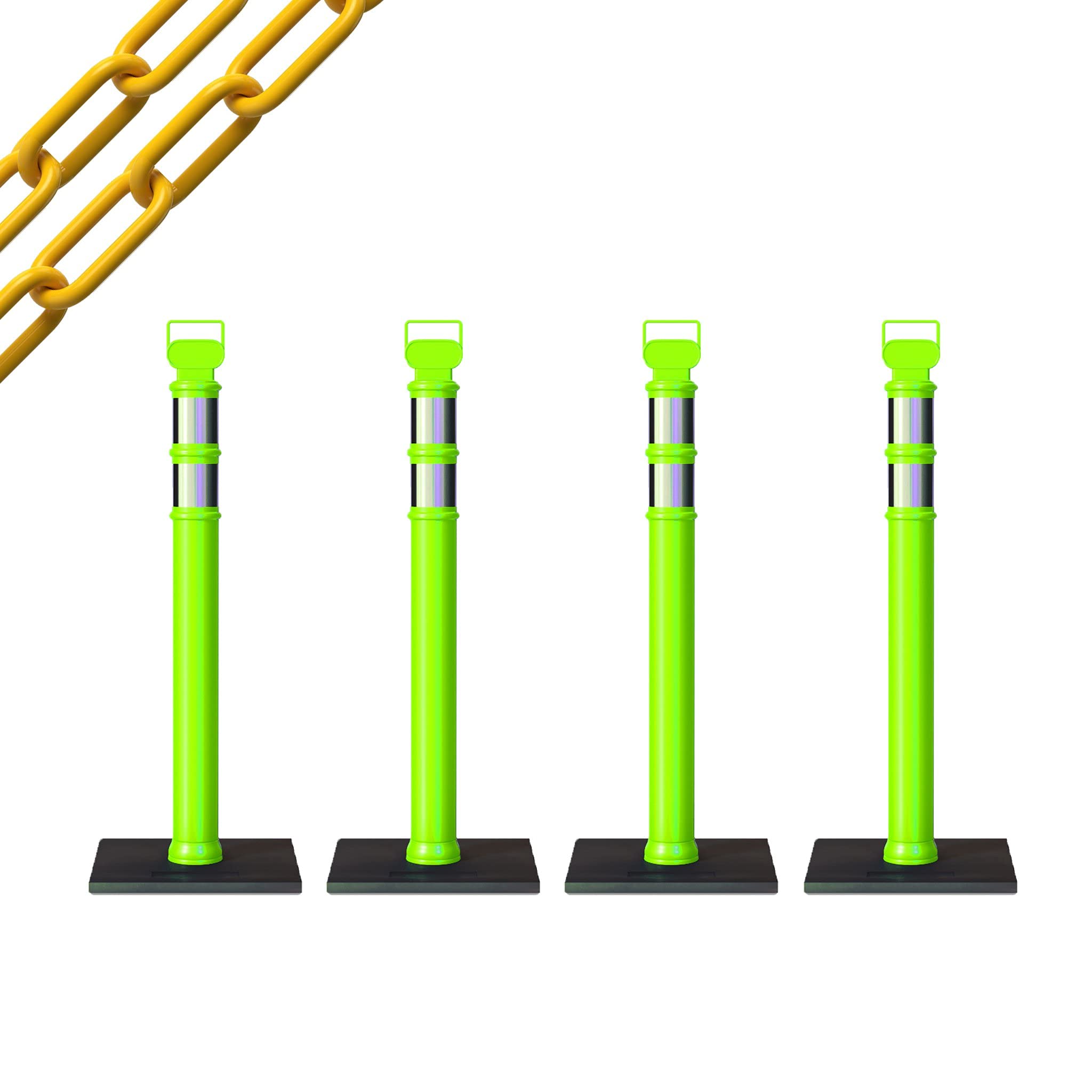 Trafford Industrial 4-Pack 45" Delineator Post Kit, 3" Reflective Collars, 10 lb Rubber Base (4 Lime Green Posts with 50 Ft. Yellow Chain)