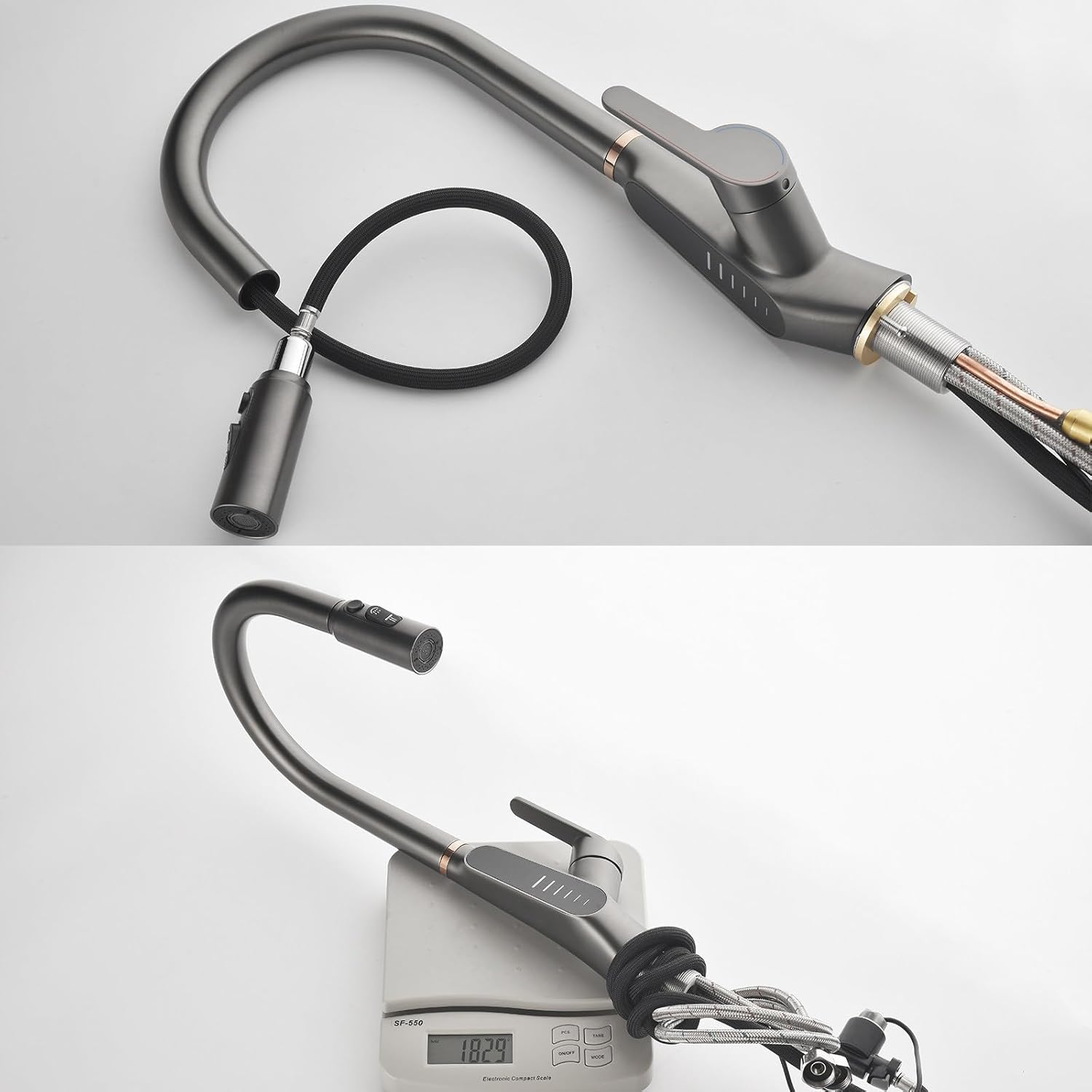 Kiten Faucet with Pull Down Sprayer, Solid Brass High Arc Kiten Sink Faucet with LED Digital Display Faucet for Kiten Sink for Farmhouse Camper Kiten Rv, Single Handle (Gun Gray)