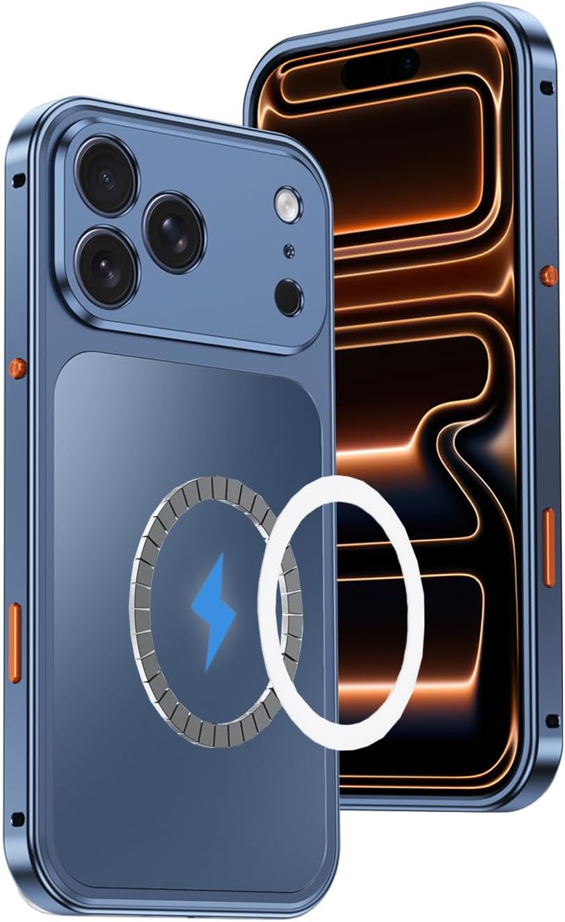 Magnetic for iPhone 17 ケース [MagSafe対応] アルミフレーム・スリムPCバック・オリジナルメタルテクスチャ・軍用規格の耐衝撃ケース, Blue