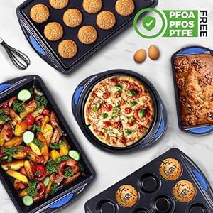 NutriChef 10-Piece Nonstick Bakeware Set - Heavy Duty Carbon Steel Baking Trays w/Silicone Handles - Includes Cookie Sheets, 12-Cup Muffin Pan, Pizza & Loaf Pan, Round & Square Pans - Easy to Clean NutriChef 10 Piece Nonstick Bakeware Set Heavy Duty Carbon Steel Baking Trays wSilicone Handles Includes Cookie Sheets 12 Cup Muffin Pan Pizza Loaf Pan Round Square Pans Easy to Clean