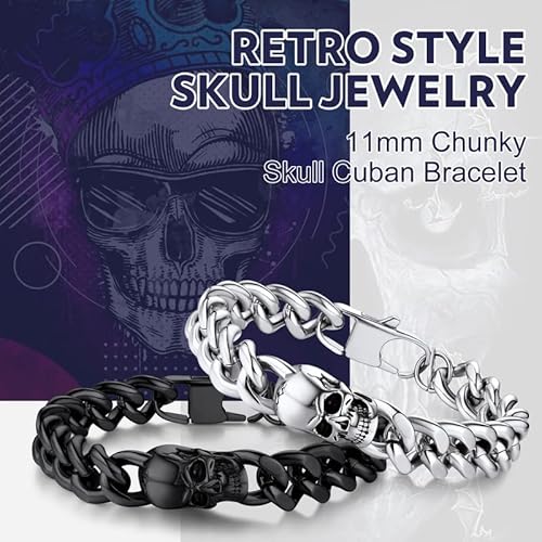 Bandmax Skull Bracelets For Men 11Mm Chunky Cuban Bracelet With Skull Pendant Masculine Skull Link Chain Bracelet For Biker -7.48" #TOP4