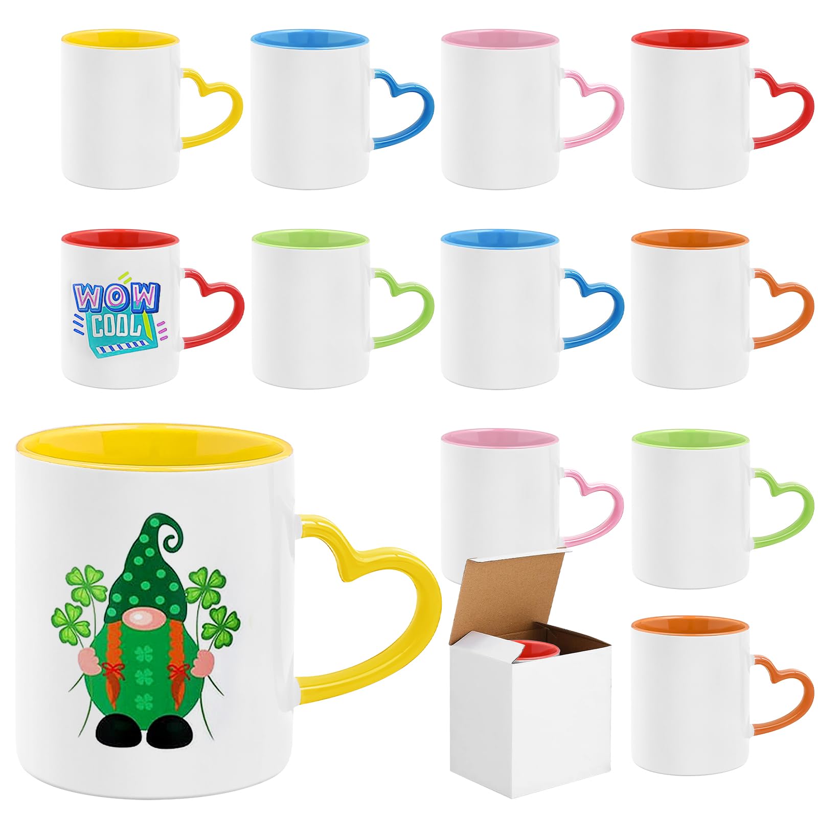 12 Stück Sublimation Kaffeetassen Blanko 11oz/320ml, Weiße Keramiktassen mit Herzgriff für Sublimationsdruck, Großpackung Tassen für Heißpressen, Personalisierte Kaffeebecher für Weihnachten
