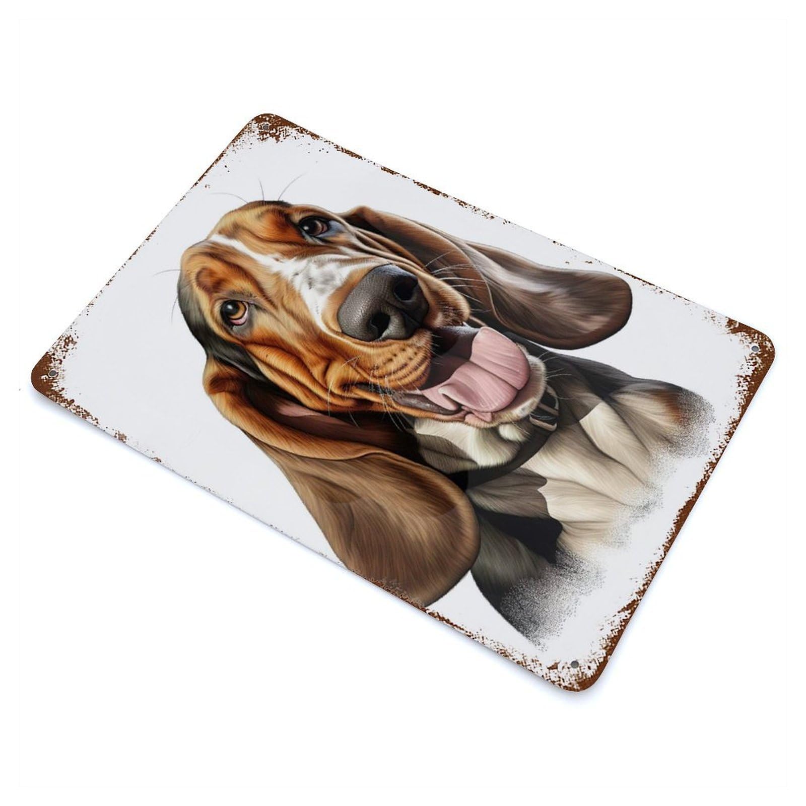 Happy Basset Hound Portrait 11.8"x7.9" Rusty Metal Tin Sign, Shabby Chic Decor for Bistro, Counter And Cafe Decor