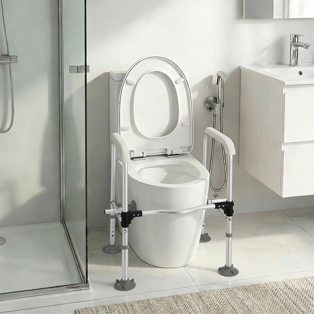 BAKAJI Barre di Sicurezza per WC in Alluminio per Anziani, Disabili e Persone con Mobilità Ridotta, Maniglie di Assistenza Antiscivolo, Corrimano Portatile con Altezza Regolabile 64,5-71,5 cm