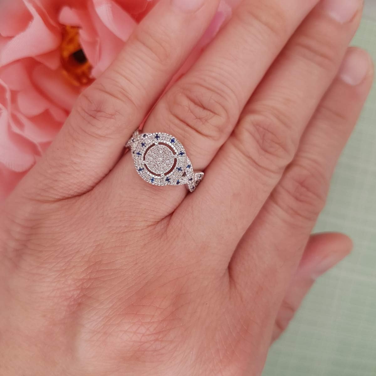 Dazzlingrock Collection Round Blue Sapphire & White Natural Diamond Ladies Micro Pave Engagement Ring, Sterling Silver