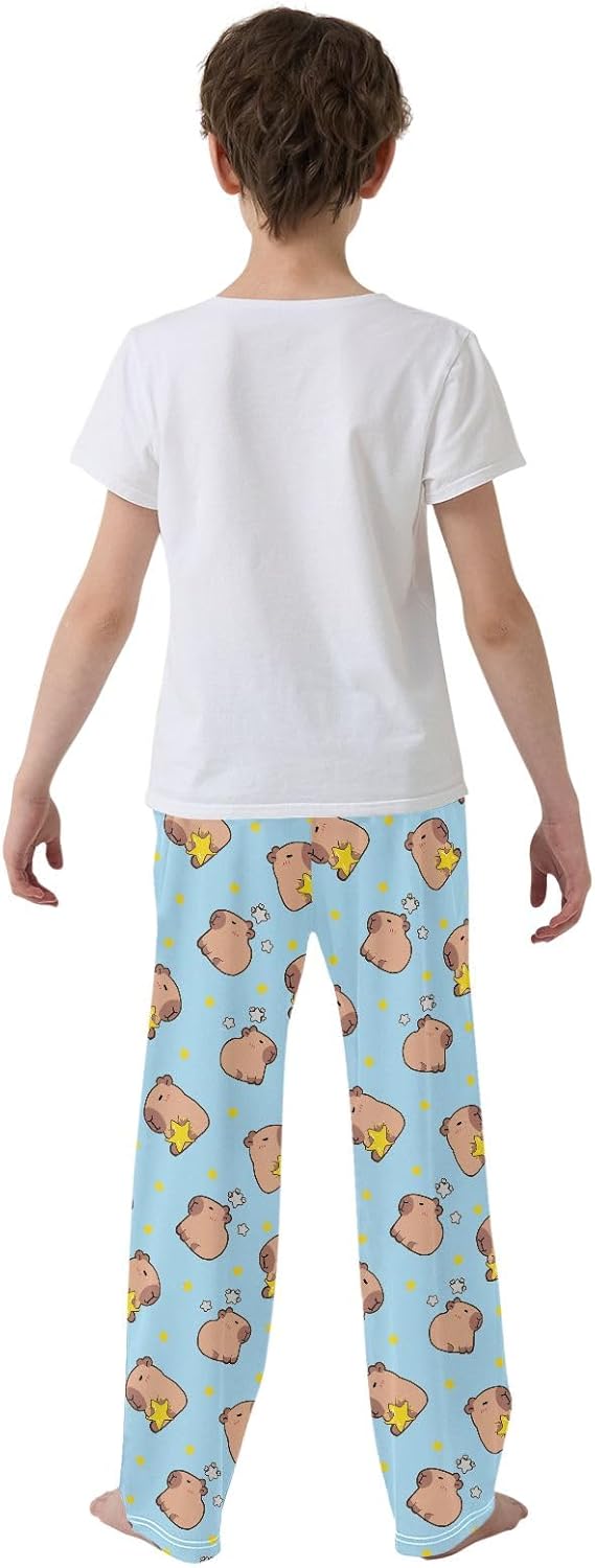 Capybara with Stars Blue Pattern Cute Pajama Pants, Soft Sleepwear Lounge Pants Pajama Pj Bottoms for 6-14 Years