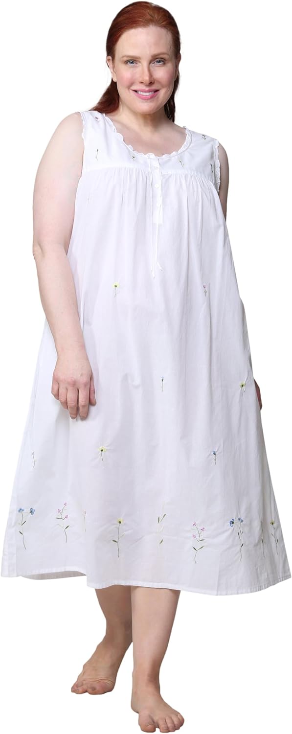 LA CERA Women's 100% Cotton White Nightgown, Sleeveless, Scoop Neck, Embroidered Gown