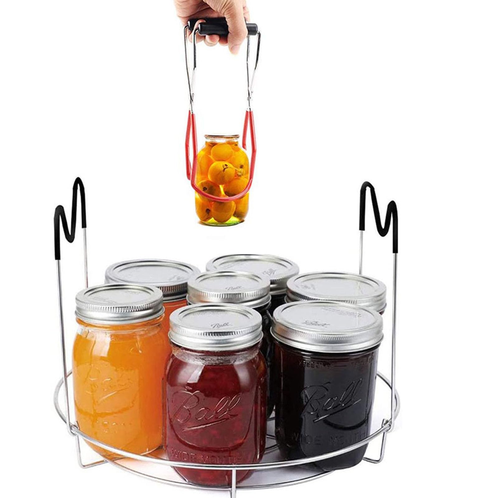 2 Piezas Levantador de Conservas, Rejilla de Vapor Acero Inoxidable, Elevador Tarros Acero Inoxidable, Anti-Escaldaduras Elevador de Tarros Conservas para Frascos de Vidrio (Rojo + Plata + Negro)