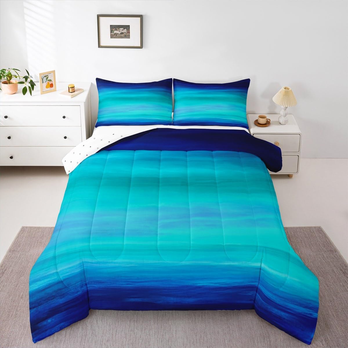 Feelyou Navy Blue Ocean Comforter Set for Girls Boys Abstract Turquoise Teal Ombre Comforter Tropical Beach Themed Bedding Set Room Decor Duvet Set Twin Size Quilt 2Pcs Boys