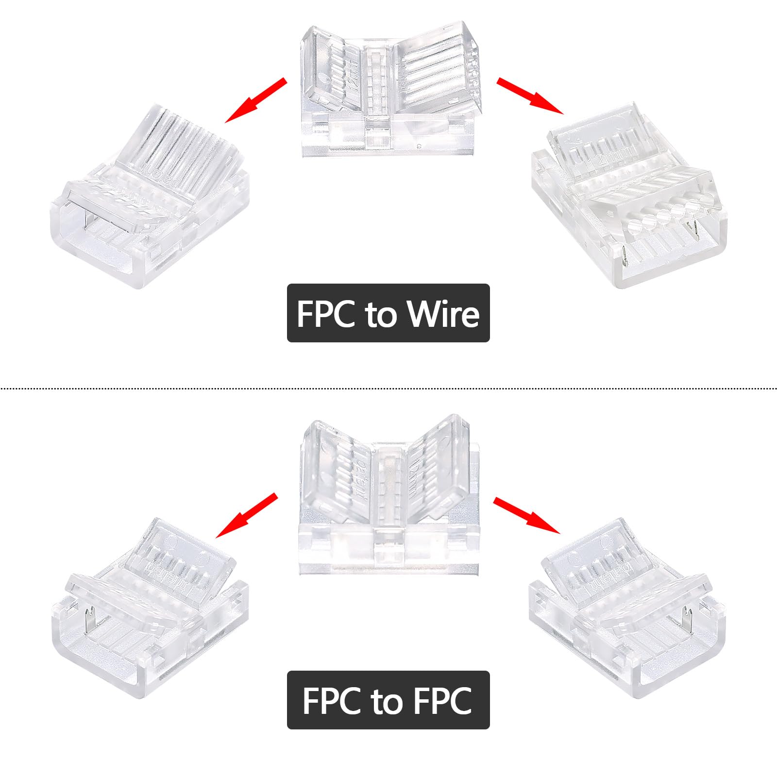 GOMING 12mm Double Row COB LED Strip Connector Kit 8Pcs Strip to Wire Transparent Gapless Connectors 2Pcs Strip to Strip Connectors 4Pcs 10cm Extension Wires for Double Row COB LED Strip - Image 3