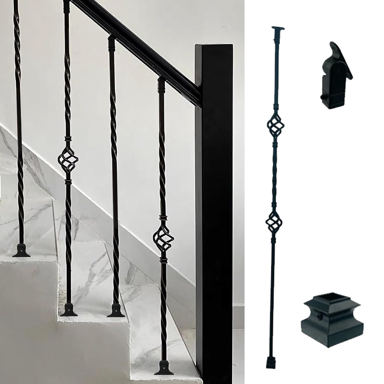 Poteaux de garde-corps noir mat : balustres en spirale pour escalier intérieur et terrasse