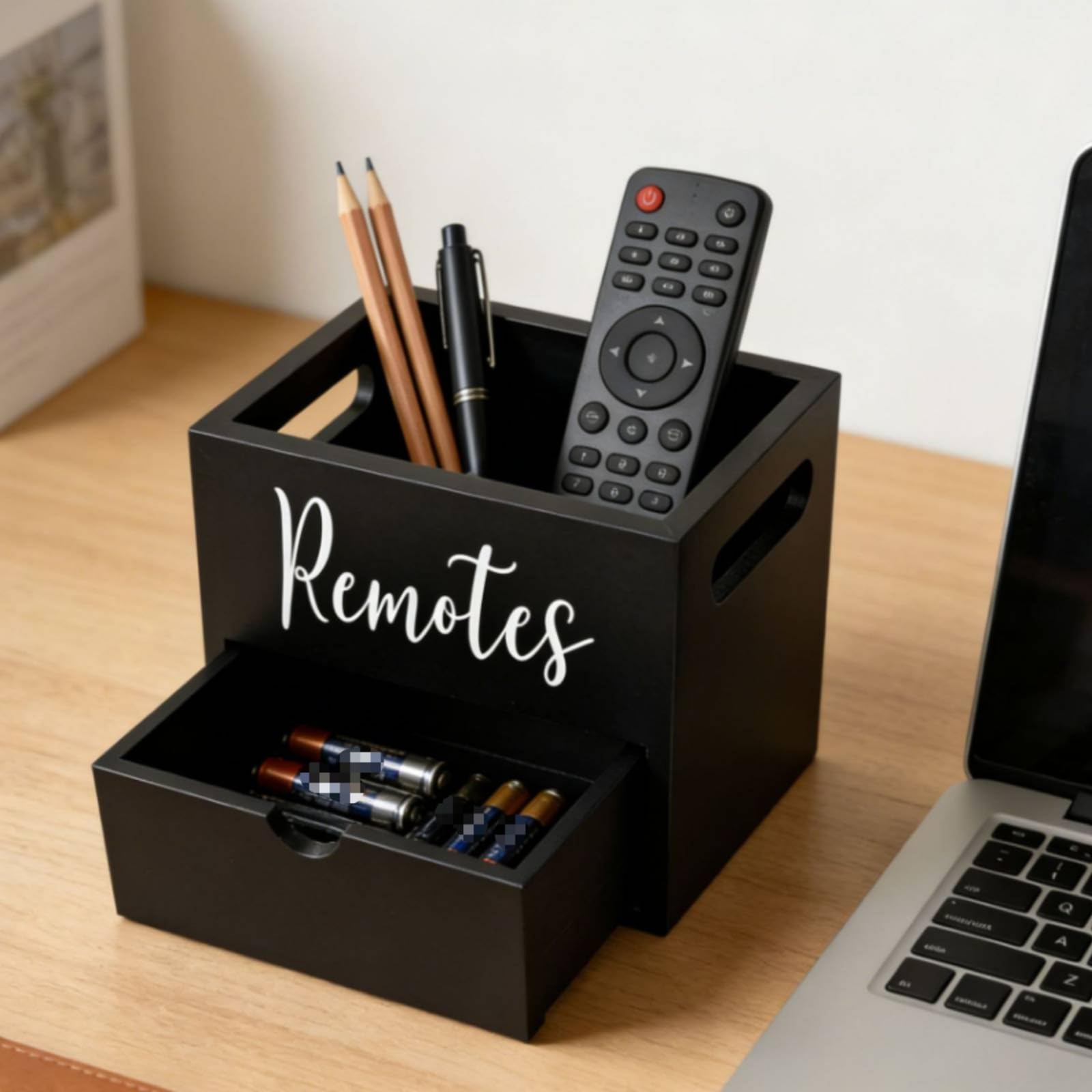 Organizador de Escritorio Caja Almacenamiento Soporte Controles Cajón Madera Maciza con Compartimento Hueco Laterales Superficie Pintada Lisa Adecuado, Blanco