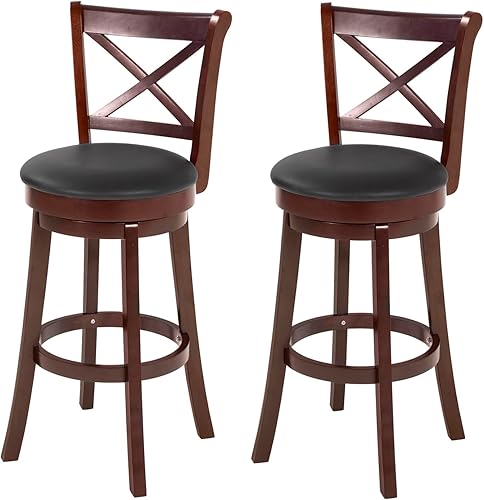 Juego de 2 taburetes de bar con respaldo en X, taburetes de bar de madera con respaldo bajo con giro de 360 grados, taburetes de cocina con