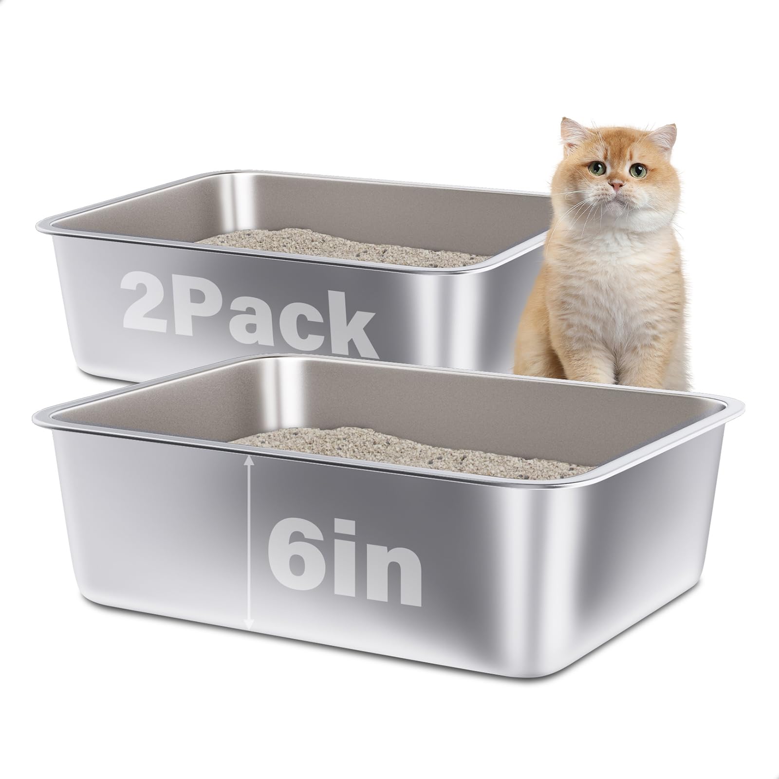 FUTAM Stainless Steel Litter Box 2 Pack, Metal Litter Box for Cat, Easy Clean Non Stick Easy Entry No Smell Steel Litterbox for Kitty/Rabbit