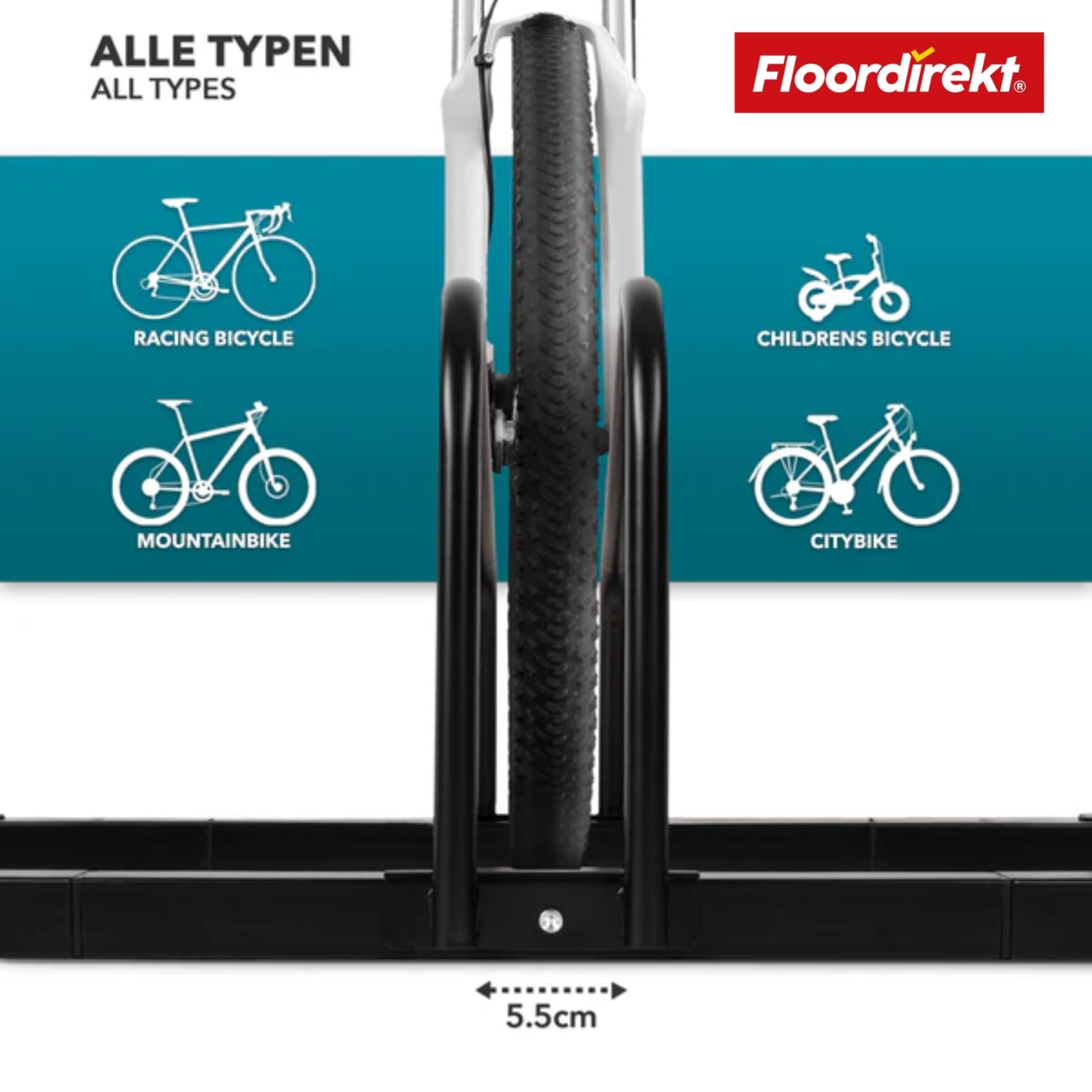 Floordirekt Râtelier à vélos pour 6 vélos avec des pneus jusqu'à 55 mm de largeur, en fer, support pour sol ou montage mural, 204 x 33 x 26,5 cm, argenté