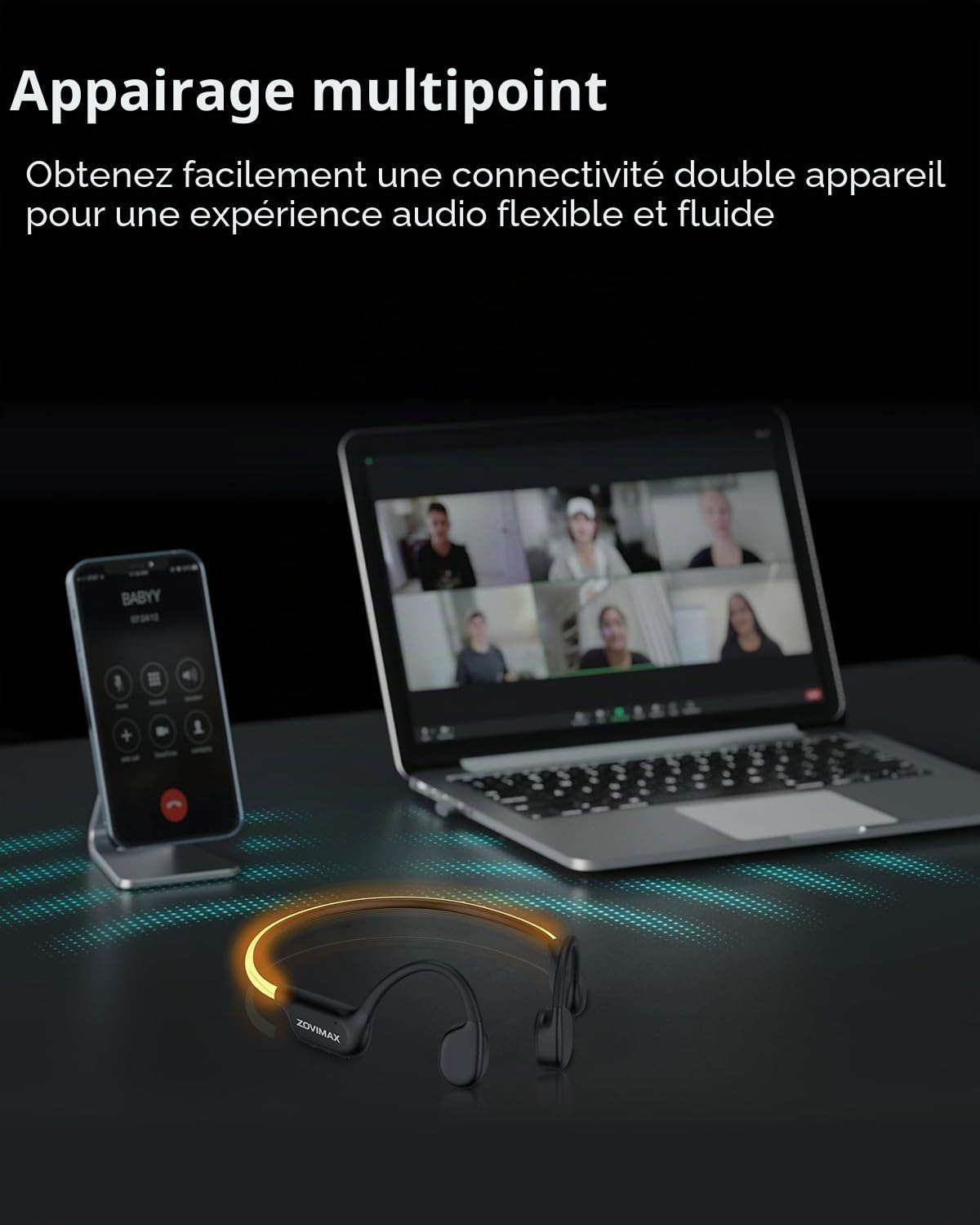 Casque à Conduction Osseuse Bluetooth 6.0 avec Lampe LED de Sécurité, Design Ouvert Oreilles Libres, Microphone Anti-Vent, IPX7 Étanche, 10H d'Autonomie, Casque Sport pour Course et Fitness