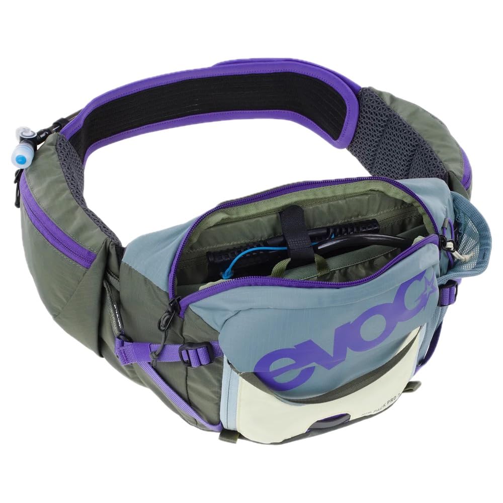 EVOC HIP PACK PRO 3 + HYDRATION BLADDER 1,5, torba biodrowa (AIR FLOW CONTACT SYSTEM, w zestawie bukłak o pojemności 1,5 l i uchwyt na butelkę, jeden rozmiar), stalowo-fioletowo-ciemnooliwkowa