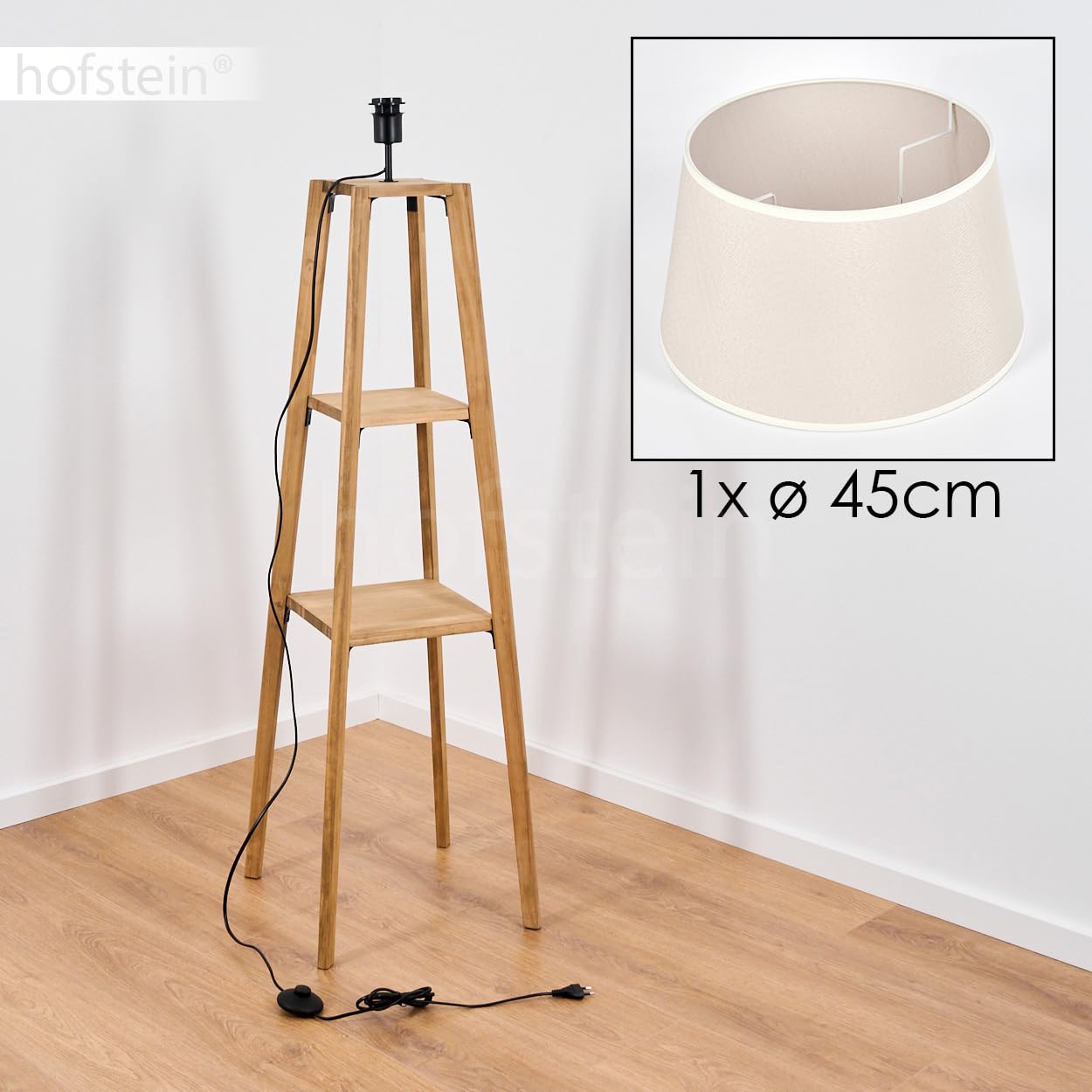 Stehleuchte Bassagoda, Stehlampe aus Holz/Stoff in Natur/Beige/Weiß, Leuchte im skandinavischen Design, Schirm Ø 45 cm, Ablageflächen u. Fußschalter, Höhe 148 cm, 1 x E27, ohne Leuchtmittel