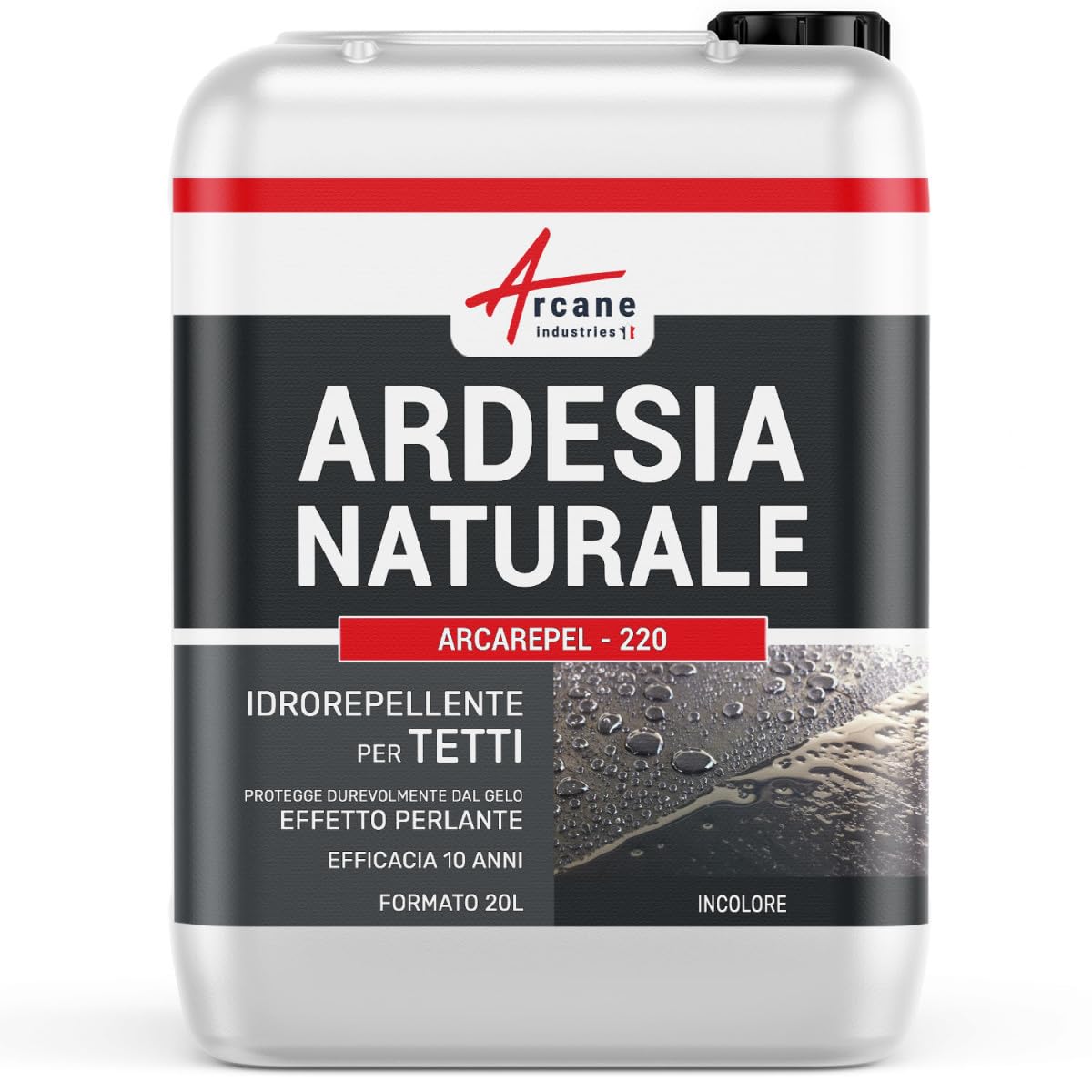 Idrorepellente Tetto, Impermeabilizzante Ardesia 20 L (fino a 100 m²) | Impermeabilizza i Tetti in Ardesia, Incolore, Effetto Perlante, Protegge da Gelo e Alghe - Arcane Industries