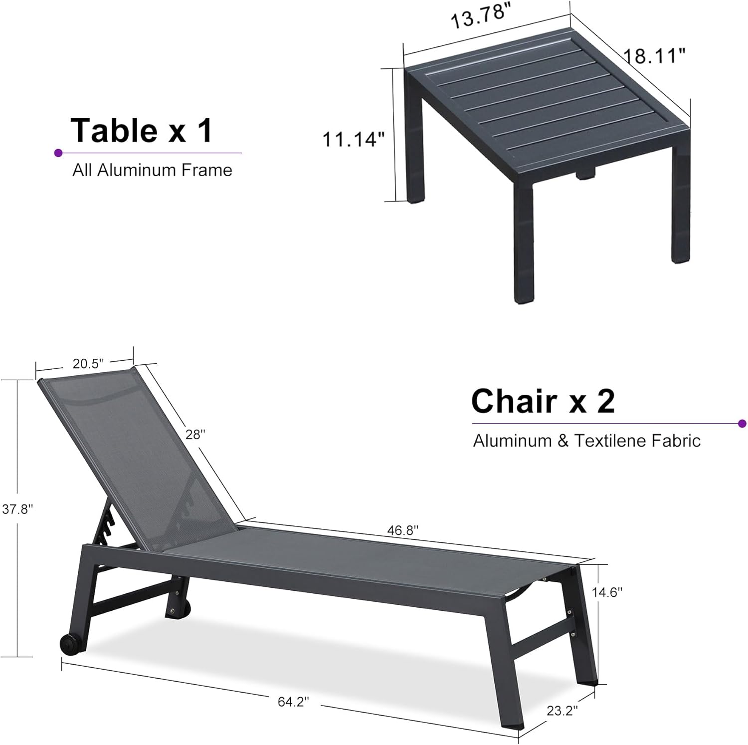PURPLE LEAF Patio Chaise Lounge Set for 2 Outdoor Chaise Lounge Chair with Aluminum Frame and Easy-to-Move Wheels Pool Lounge Chairs for Deck Yard Poolside Table Included, Charcoal Grey