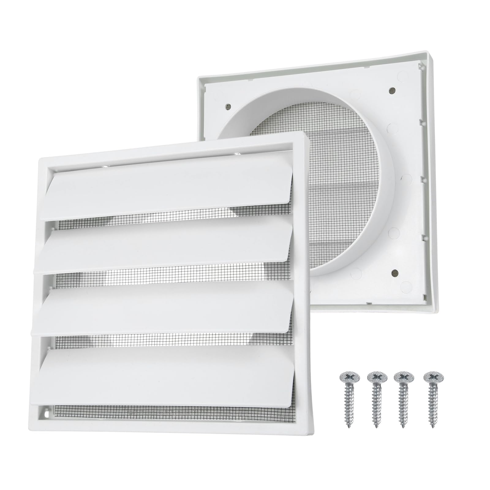 sourcing map 1Set Louvered Exhaust Vent Cover (5" Opening, 6.9"L x 6.9"W) - Air Wall Vent with Dustproof Mesh, Plastic Exhaust Ventilation Grille for Kitchen/Bathroom/Garage, White