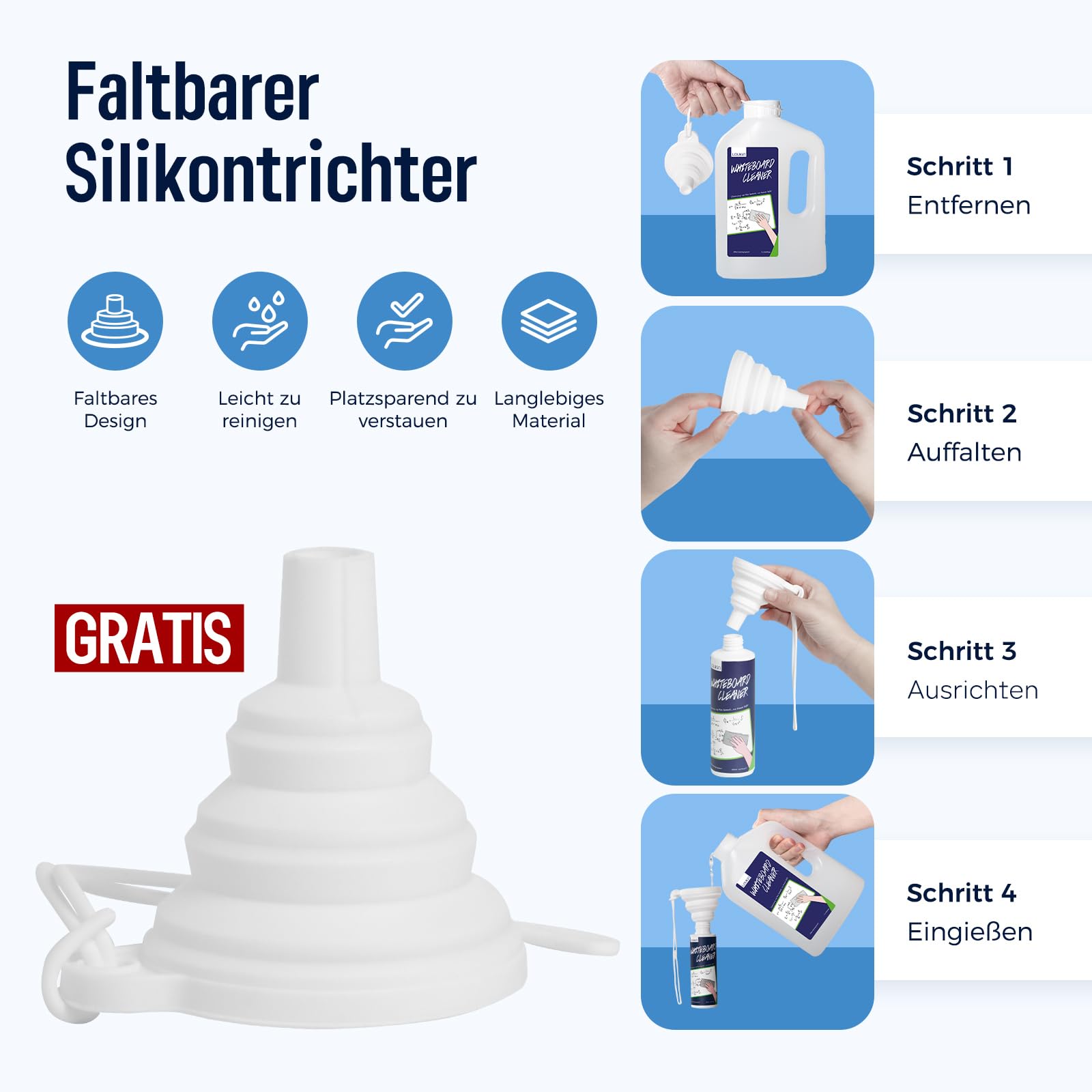 loukin Whiteboard-Reiniger 1 L Nachfüllflasche, mit faltbarem Silikontrichter, Trocken abwischbares Reinigungsspray, entfernt hartnäckige Flecken, ungiftig und geruchsarm