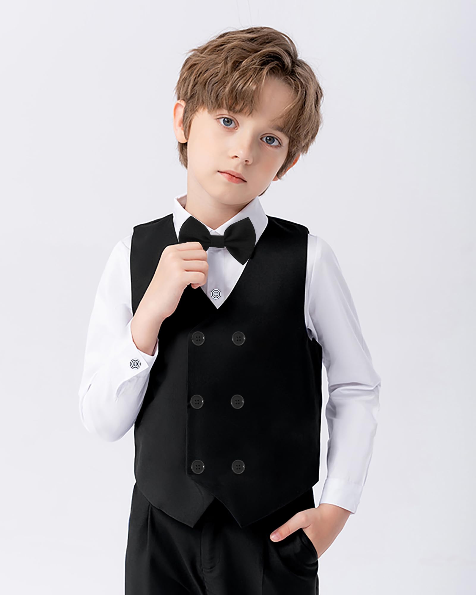 Garçon Gentleman Vêtements Ensembles 6-10 Ans, Enfant Mariage Baptême Tenue Costume Haut Chemise+Gilet+Pantalon+Nœud Papillon