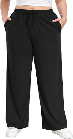 Lastshe Womens Plus Size Pants Elastic Waist Casual Wide Leg Knit Pajama Drawstring Pull On Lounge Straight Trousers