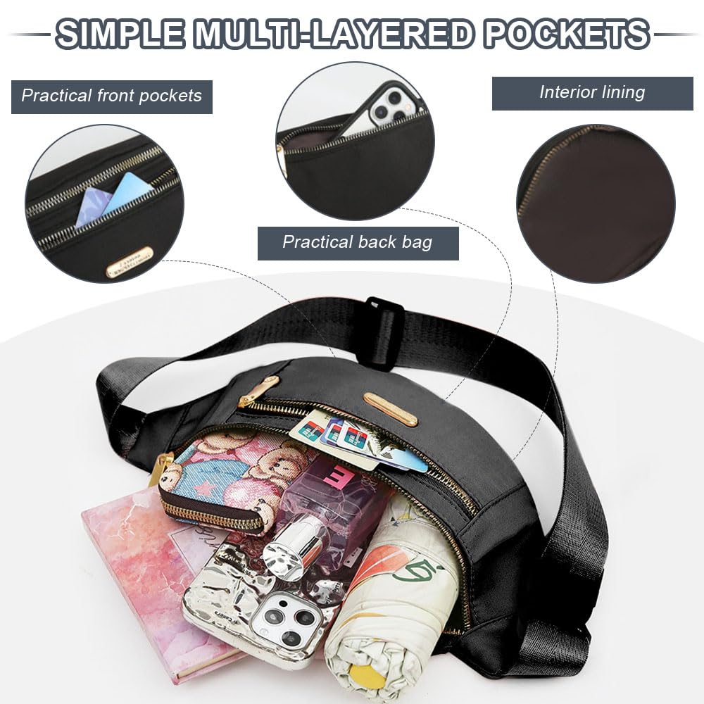 Sac Banane,Sacoche Banane de Randonnée,Fanny Pack Waist,Bum Bag Belt,Sacs De Poitrine Réglable,Sac Ceinture Voyage,Sacoche à Bandoulière Sport pour Outdoor, Shopping, Usage Quotidien - Noir