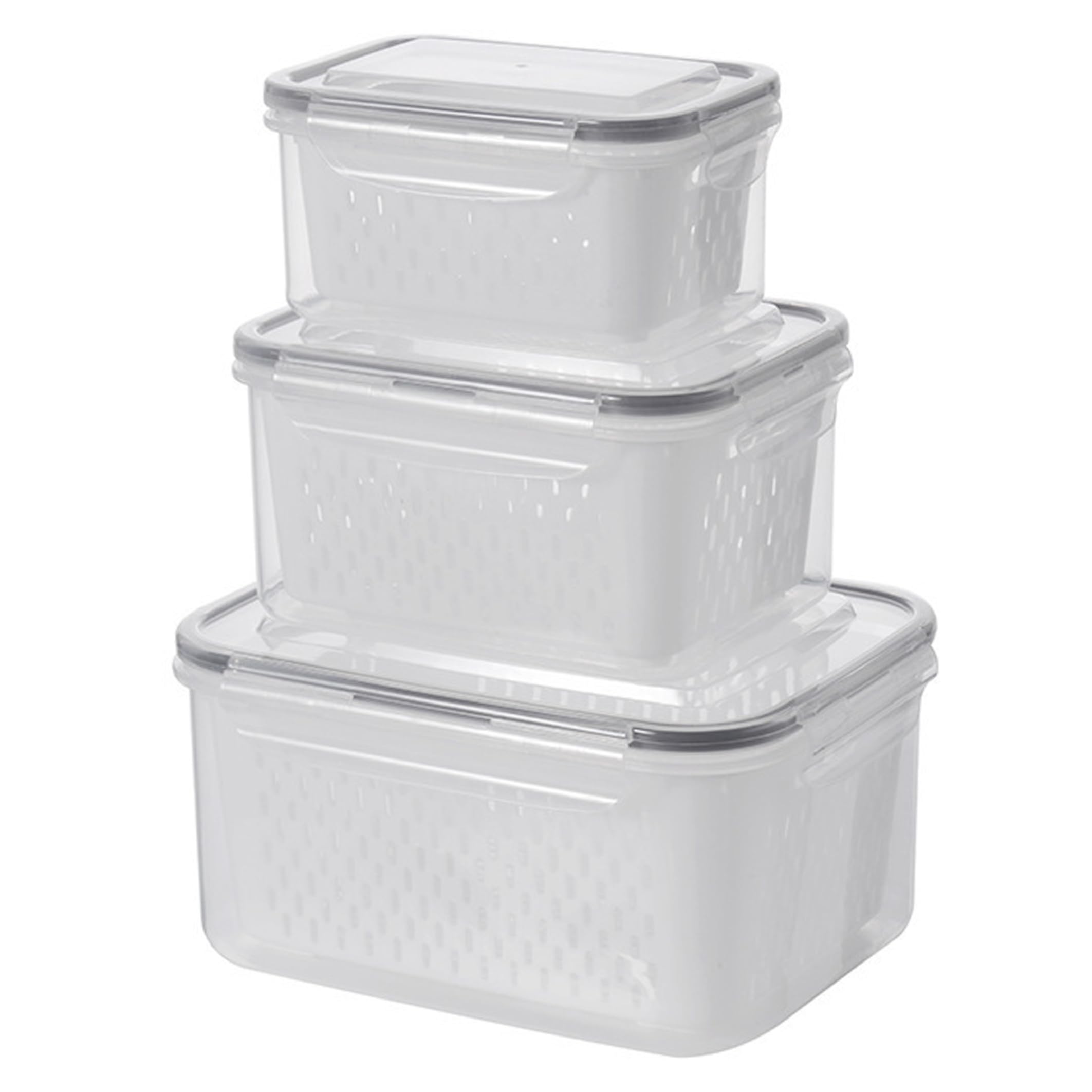 Sjfbebsy Fruit Containers for Fridge Keep Fresh, 3Pcs Produce Storage Containers for Fridge with Drain Baskets, Airtight Food Storage Boxes, Gray (S+M+L) - Lettuce Keeper for Refrigerator