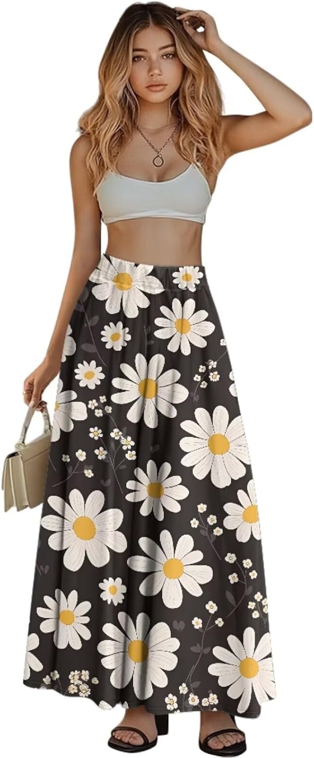 Hawaiian Style Maxi Skirts for Women with Double Pockets Long Skirt High Waist for Travel and Lounging