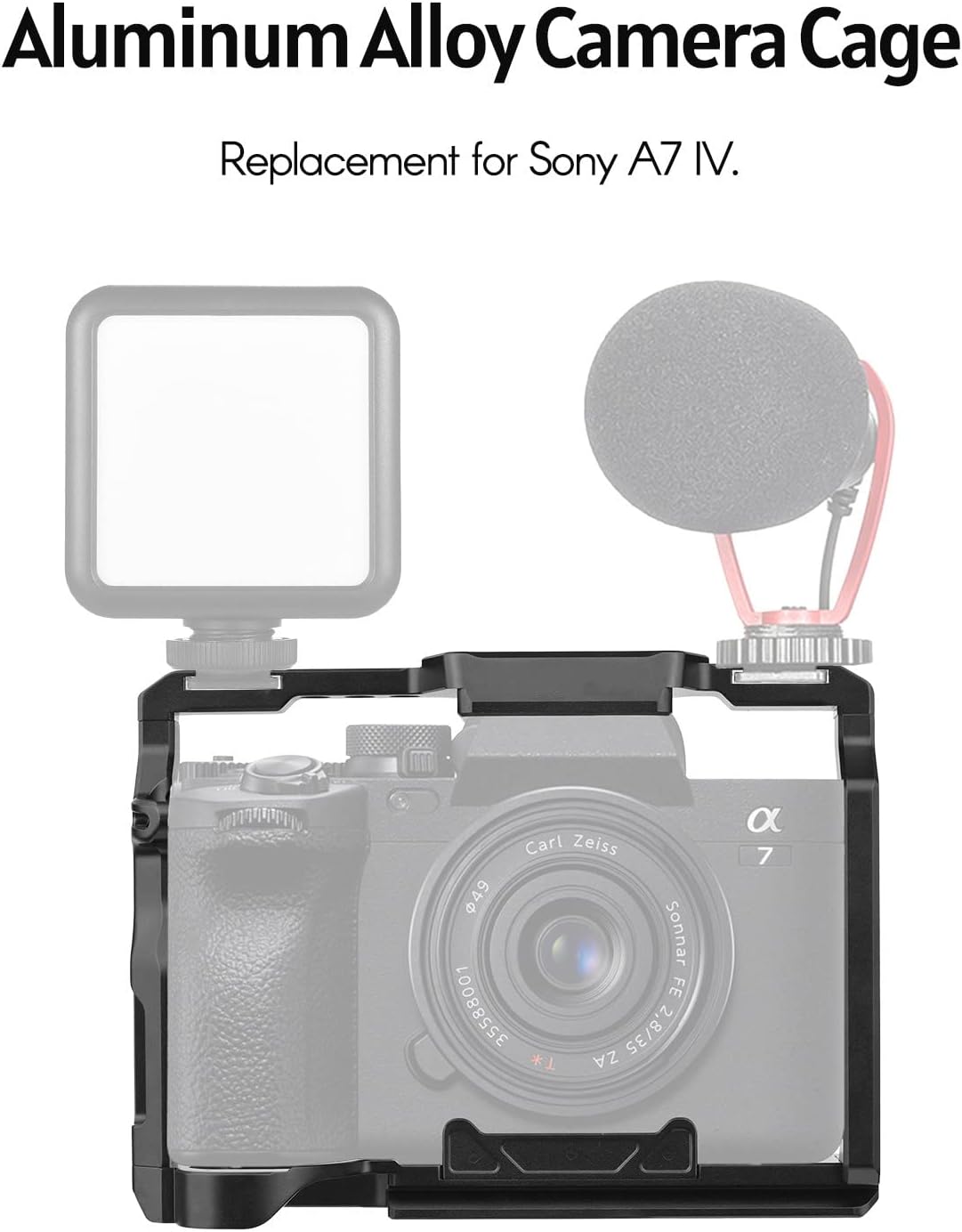 Sony A7 IV camera mounted inside the Andoer camera cage, with a microphone and LED light attached to the cage.