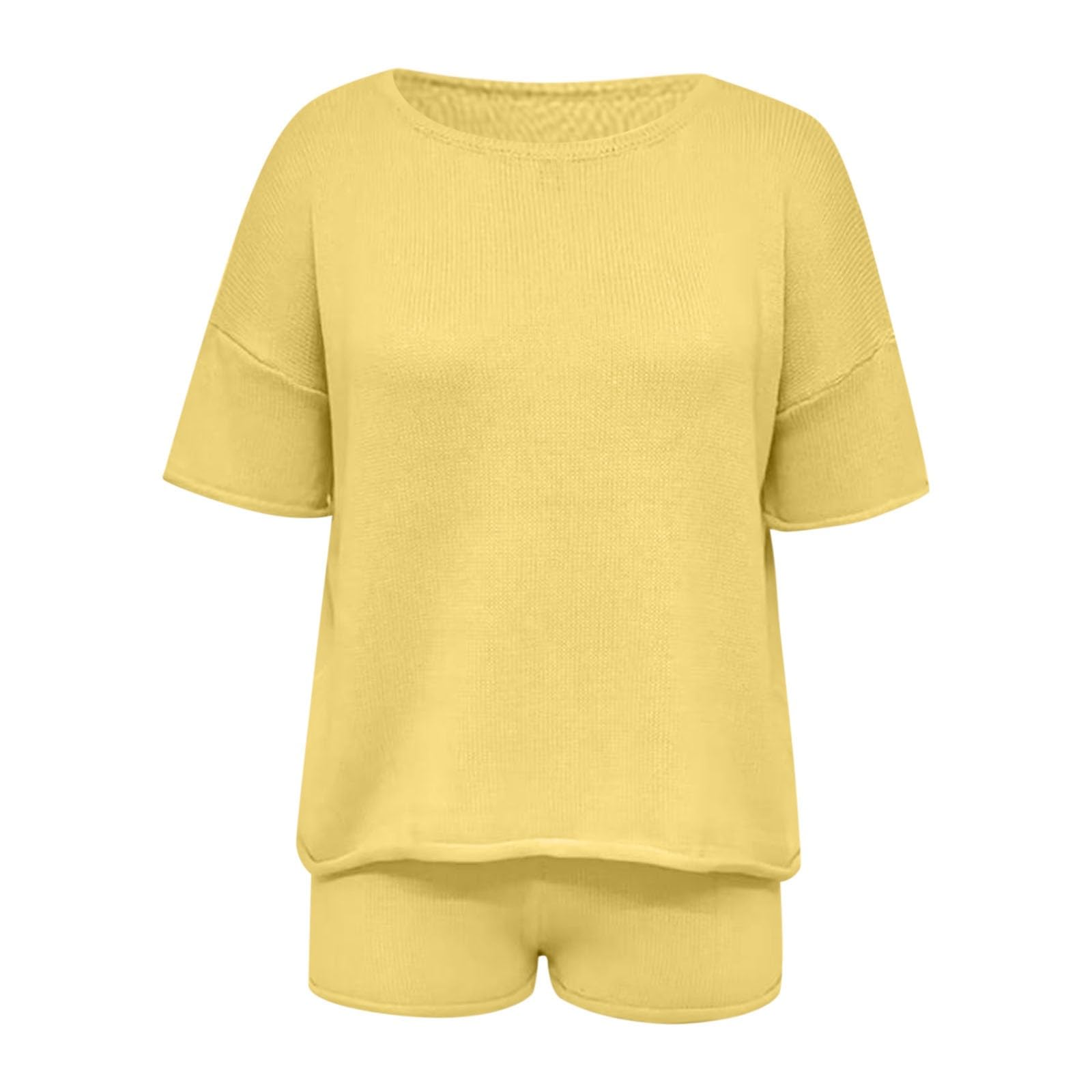Pyjama Court Femme, Léger Pyjama Short avec Poches Pyjashort Shorts et Haut Manches Courtes Coton Ensemble Court Court Vêtements De Nuit Sportswear 2 Pieces Ete