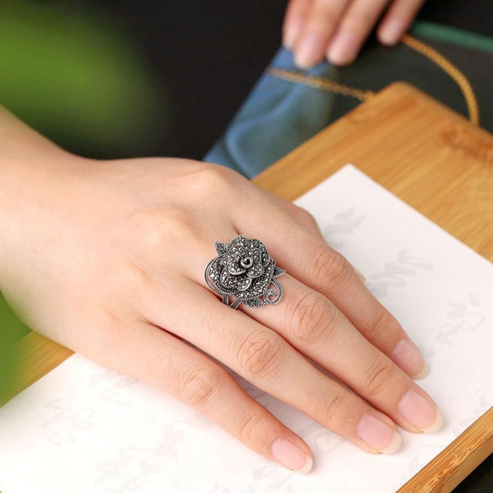 Vintage Rose Flower Rings for Women, Chunky Statement Rings, Big Retro Boho Floral Finger Ring, Fashion Bohemian Unique Punk Jewelry Accessories Gift