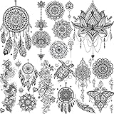 Moheer 6 Blätter Schwarz Lotus Temporäre Tattoos Zum Aufkleben Frauen Mädchen Damen Festival Zubehör Accessoires, Fake Mandala Blume Klebetattoos Erwachsene Feder Traumfänger Wasserfest Tattoos
